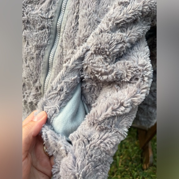 North Face Girls 8-10 Jacket Coat Gray Plush Fleece/Aqua Zipper & Pockets - Picture 3 of 15